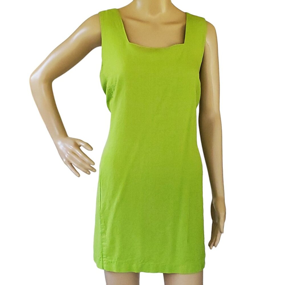 Vintage Neon Green Mini Dress Womens L Rayon Linen Sleeveless Zipper USA